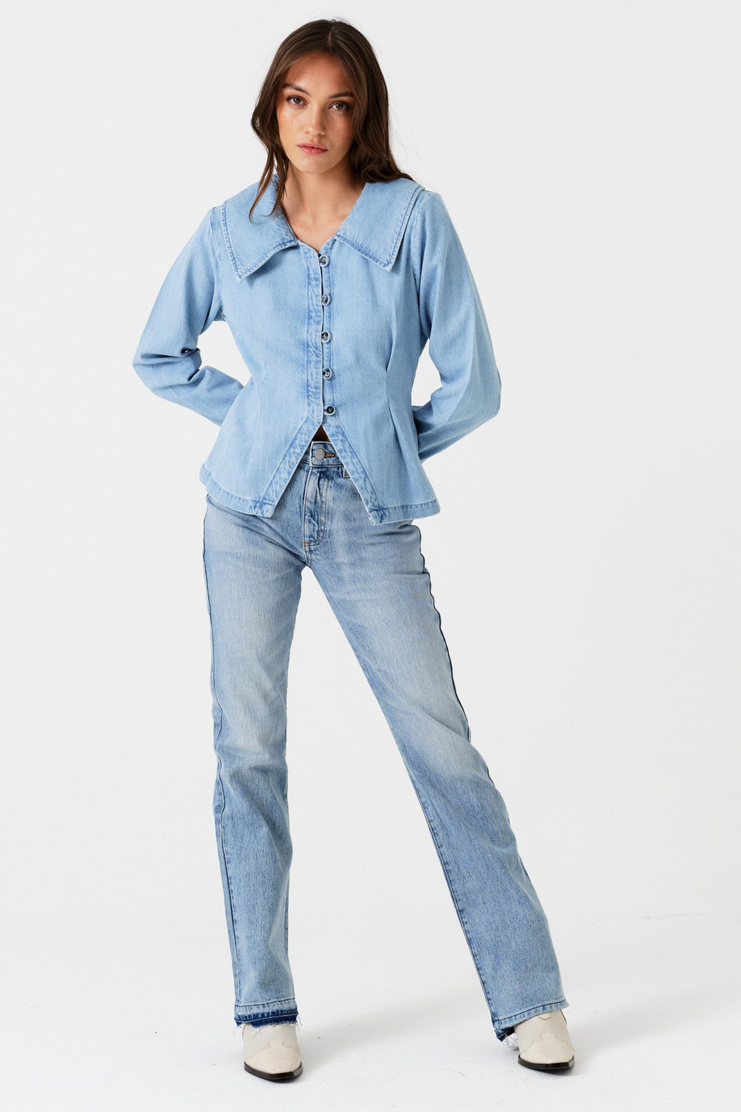 Light Blue Denim Jacket and Jeans with White Heeled Boots Light Blue Denim Jacket and Jeans with White Heeled Boots — Bootcut Jeans Outfits 2027 with Denim Jacket