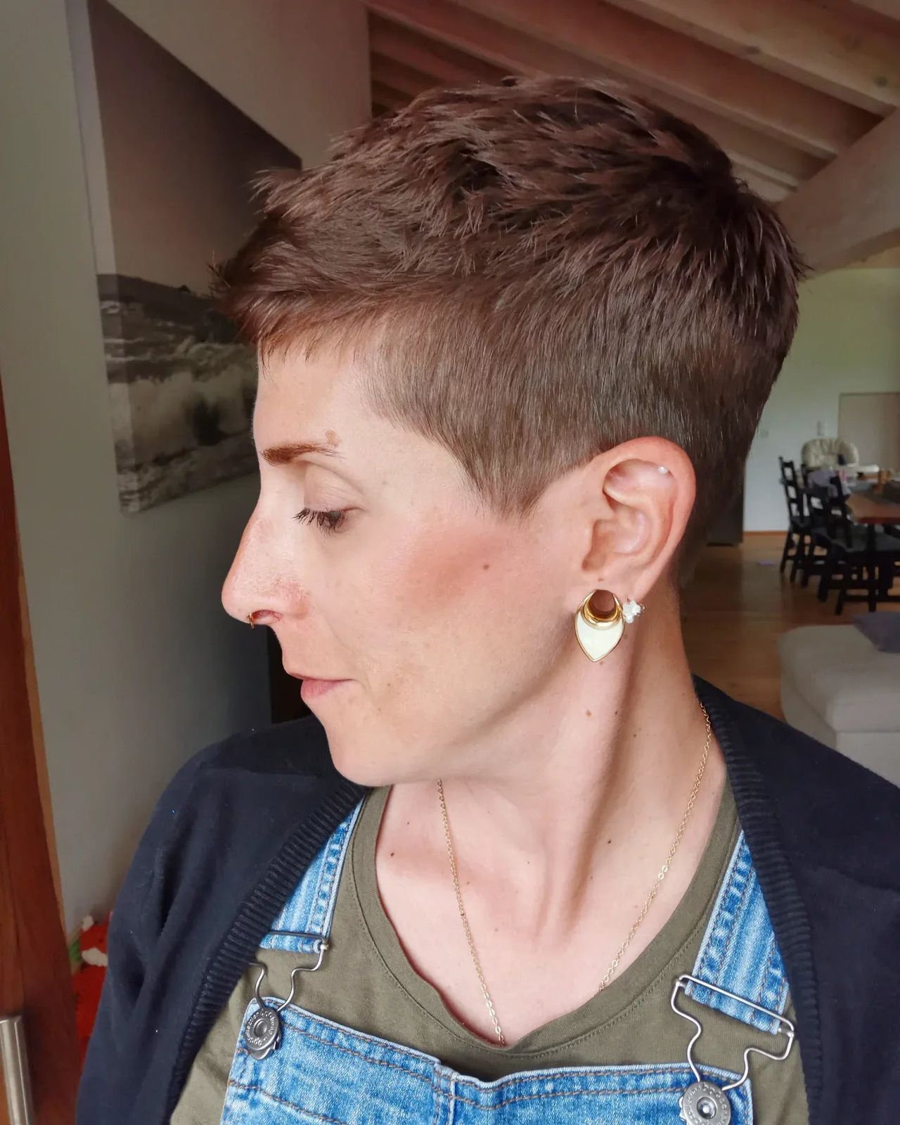 Ear Textured Brown Pixie With Side Fringe Ear Textured Brown Pixie With Side Fringe — Classic Pixie 2027