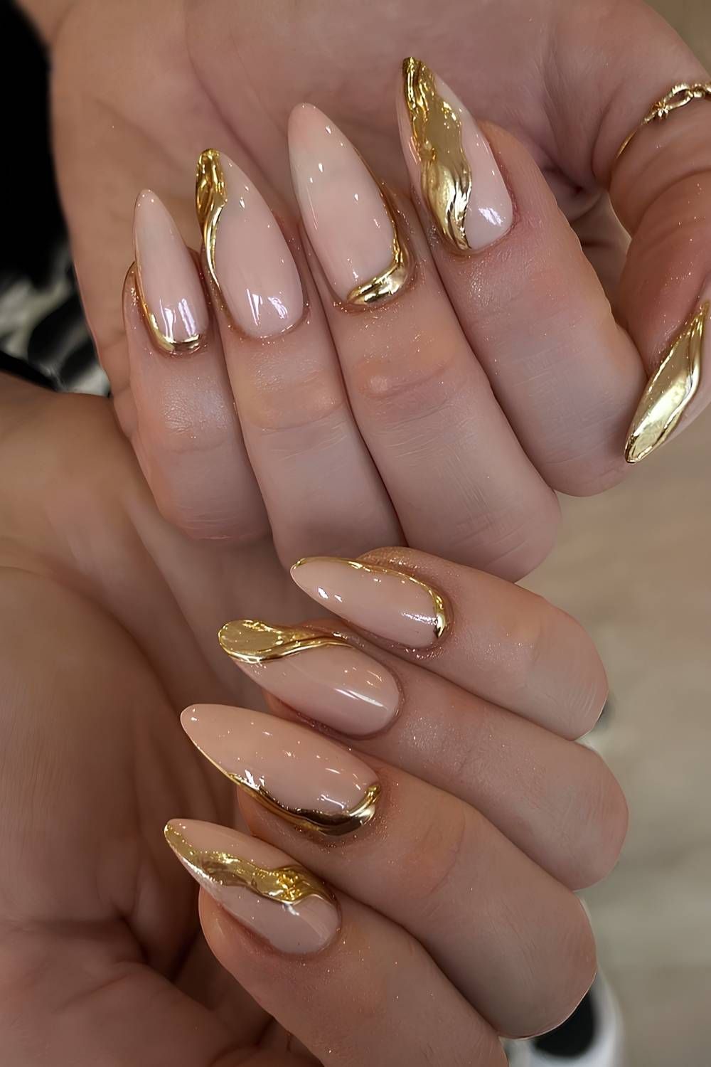 Abstract Gold Shapes on Nude Almonds Abstract Gold Shapes on Nude Almonds — Gold Birthday Nails 2027
