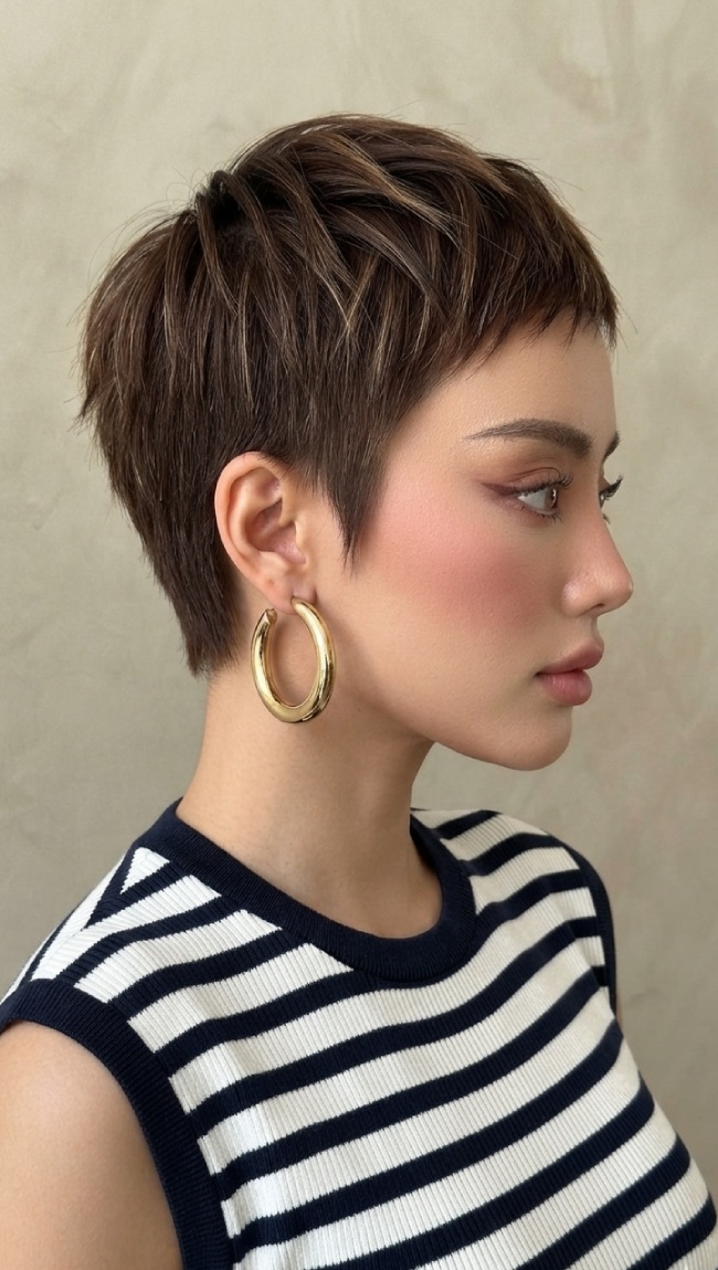 Dark Chocolate Pixie with Wispy Layers Dark Chocolate Pixie with Wispy Layers — Pixie 2027 with Bangs