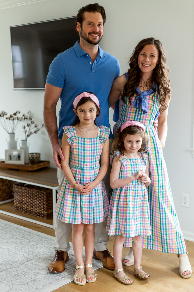 Playful Plaid: Matching Dresses and Blue Polo Playful Plaid: Matching Dresses and Blue Polo — Spring Family Photo Outfits 2027