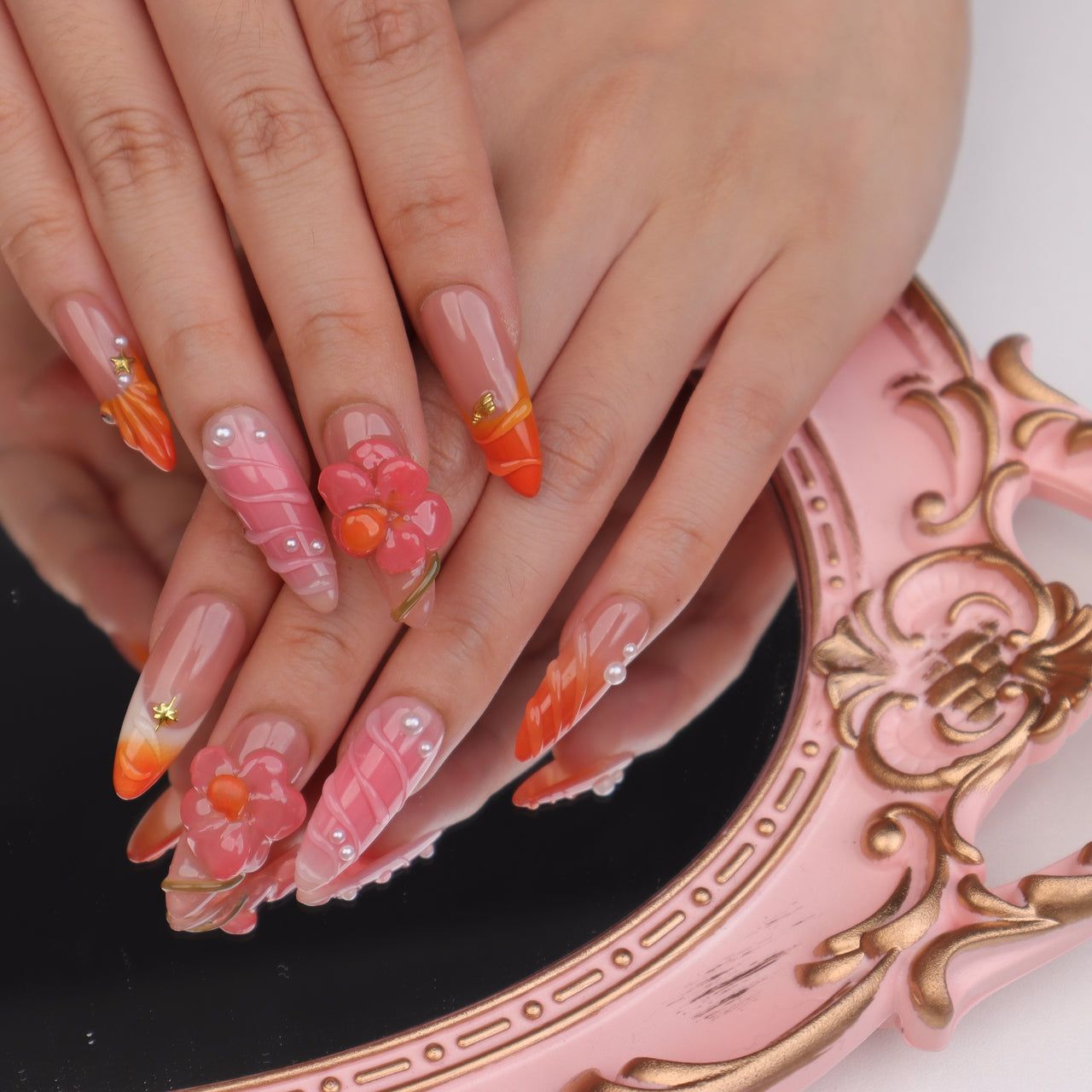Visual Idea — Decorated With 3D Coral And Pink Flowers — Coral Coffin Nails 2027