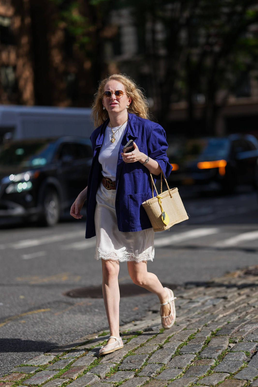 Pink Espadrille Sandals with a White Slip Dress and Navy Jacket — Vacation Espadrilles Outfits 2027