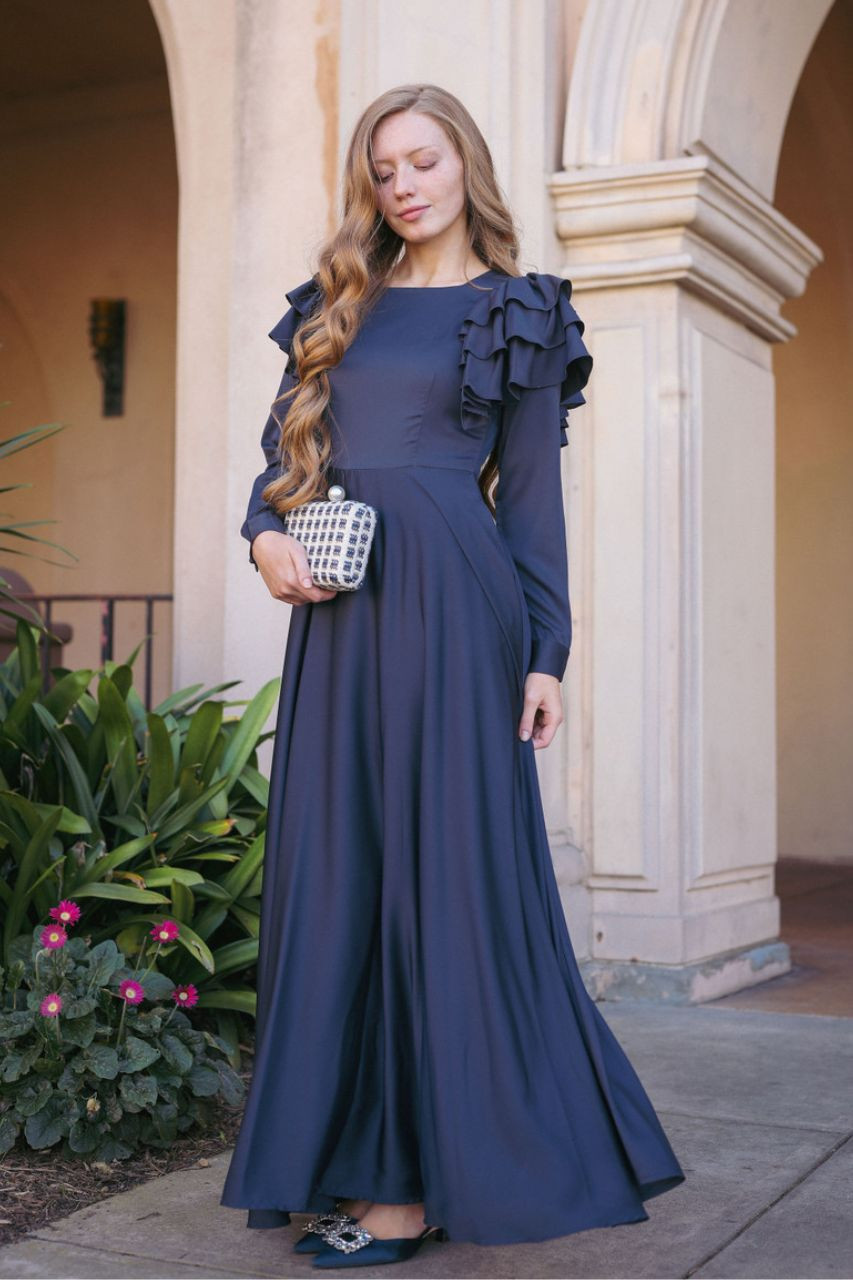 Navy Satin Maxi with Ruffled Shoulder Detail Navy Satin Maxi with Ruffled Shoulder Detail — Formal Dresses 2027 for Nursing Moms