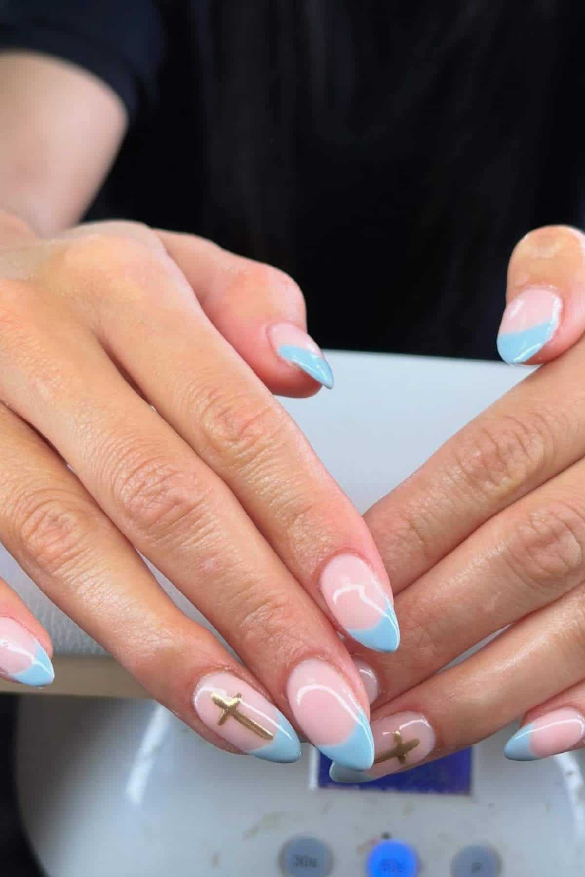 Gold Cross Light Blue French Tips Gold Cross Light Blue French Tips — Easter French Tip Nails 2027