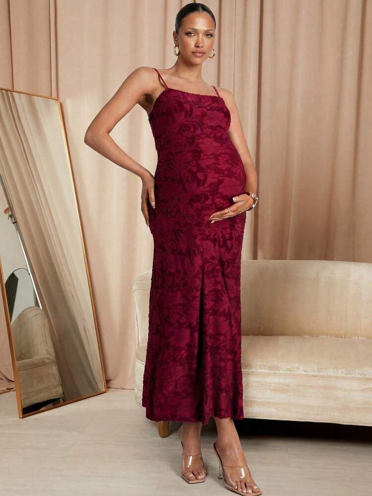 Burgundy Textured Spaghetti Strap Midi Dress Burgundy Textured Spaghetti Strap Midi Dress — Baby Shower Dress 2027 for Guest