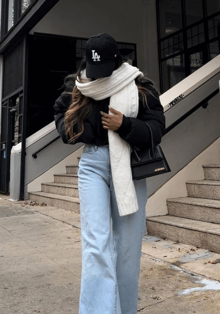 Black Puffer Jacket with Chunky White Scarf — Winter Minimalist Outfits 2027