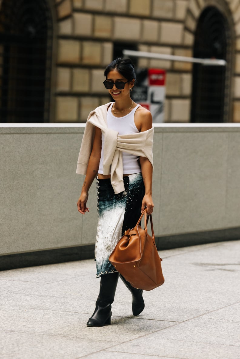 Denim Midi Skirt with Draped Sweater and Knee-High Boots — Spring Outfits 2027 for Work