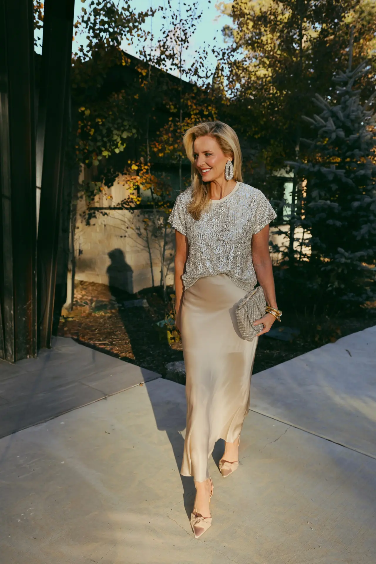 Champagne Satin Skirt with a Sparkling Sequined Top — Satin Top Outfits 2027