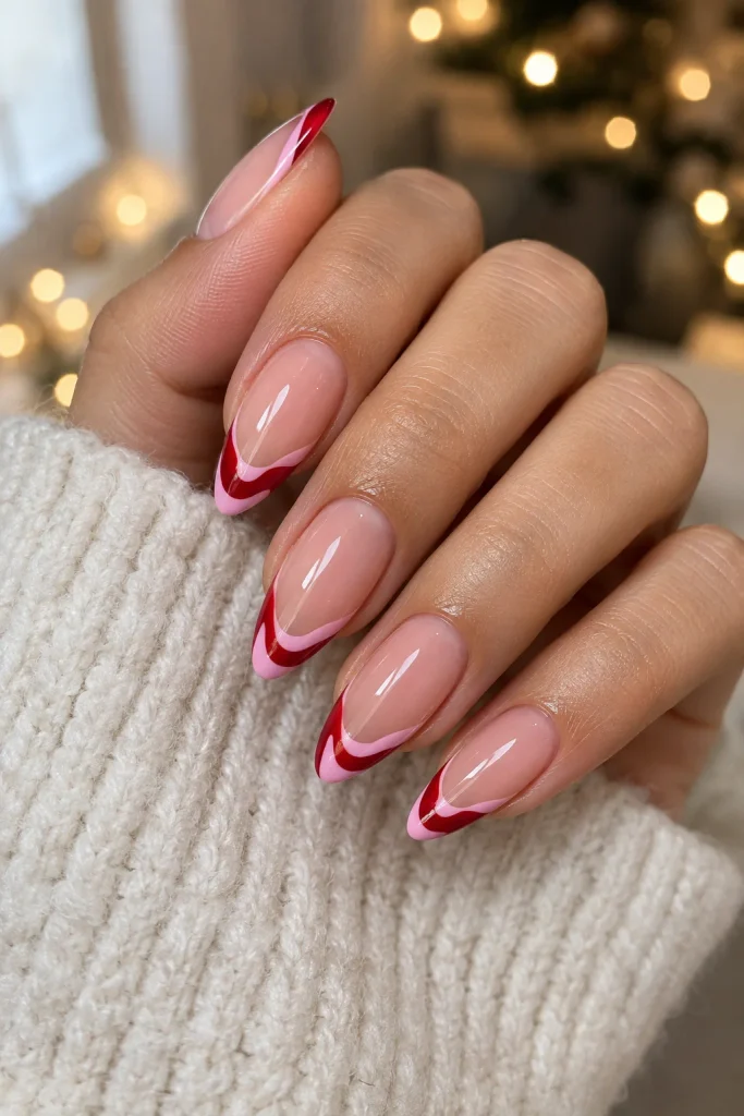 Glitter Outline French Tip Almonds Glitter Outline French Tip Almonds — Christmas Acrylic Nails 2026