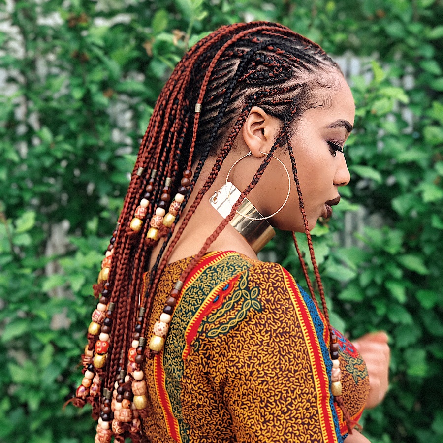 Mid-Back Wavy Brown Braids With Beads — Tribal Braids 2027