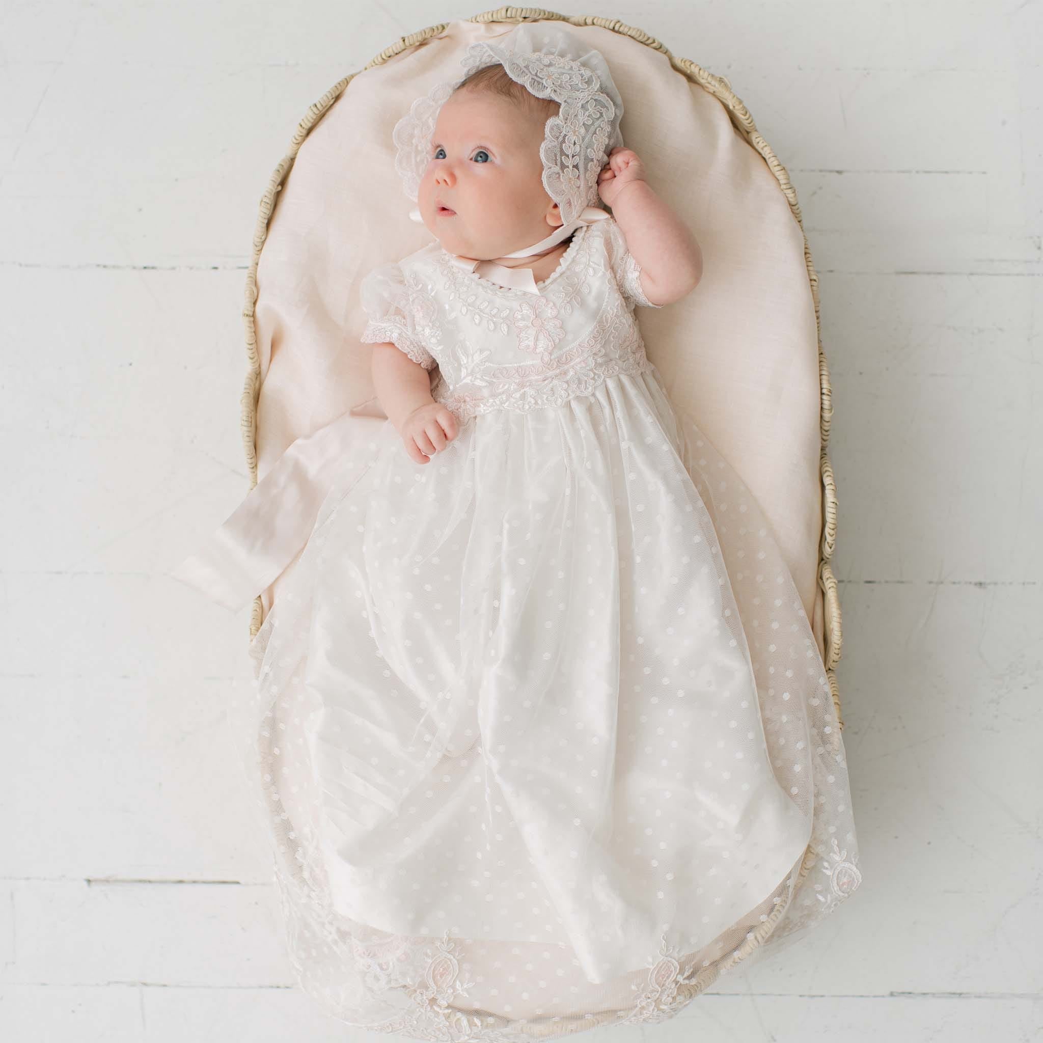 Ivory Gown with Polka Dot Overlay and Lace Bonnet — Christening Outfits 2027