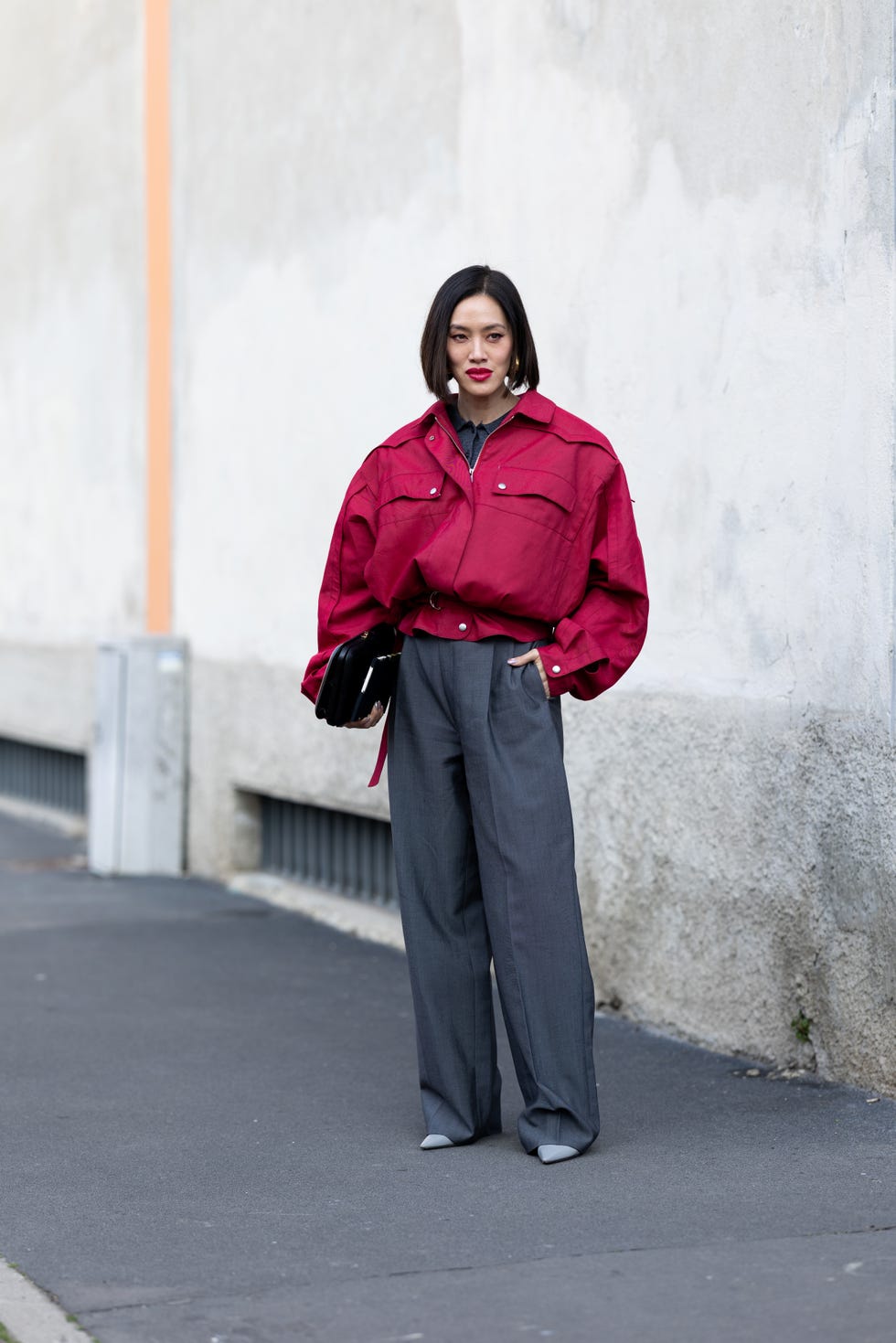 Oversized Red Jacket Over Grey Shirt with Wide-Leg Trousers Oversized Red Jacket Over Grey Shirt with Wide-Leg Trousers — Casual Outfits 2027