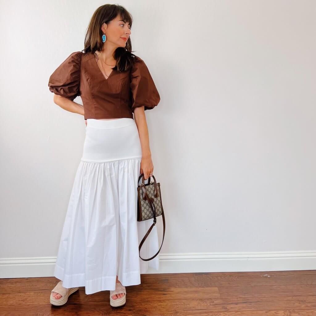 Brown Puff Sleeve Cropped Top with White Tiered Maxi Skirt Brown Puff Sleeve Cropped Top with White Tiered Maxi Skirt — Puff Sleeve Blouse Outfits 2027