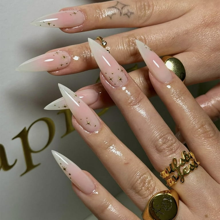 Sheer Pink White Fade with Gold Star Decals Almonds Sheer Pink White Fade with Gold Star Decals Almonds — Long Almond Nails 2027