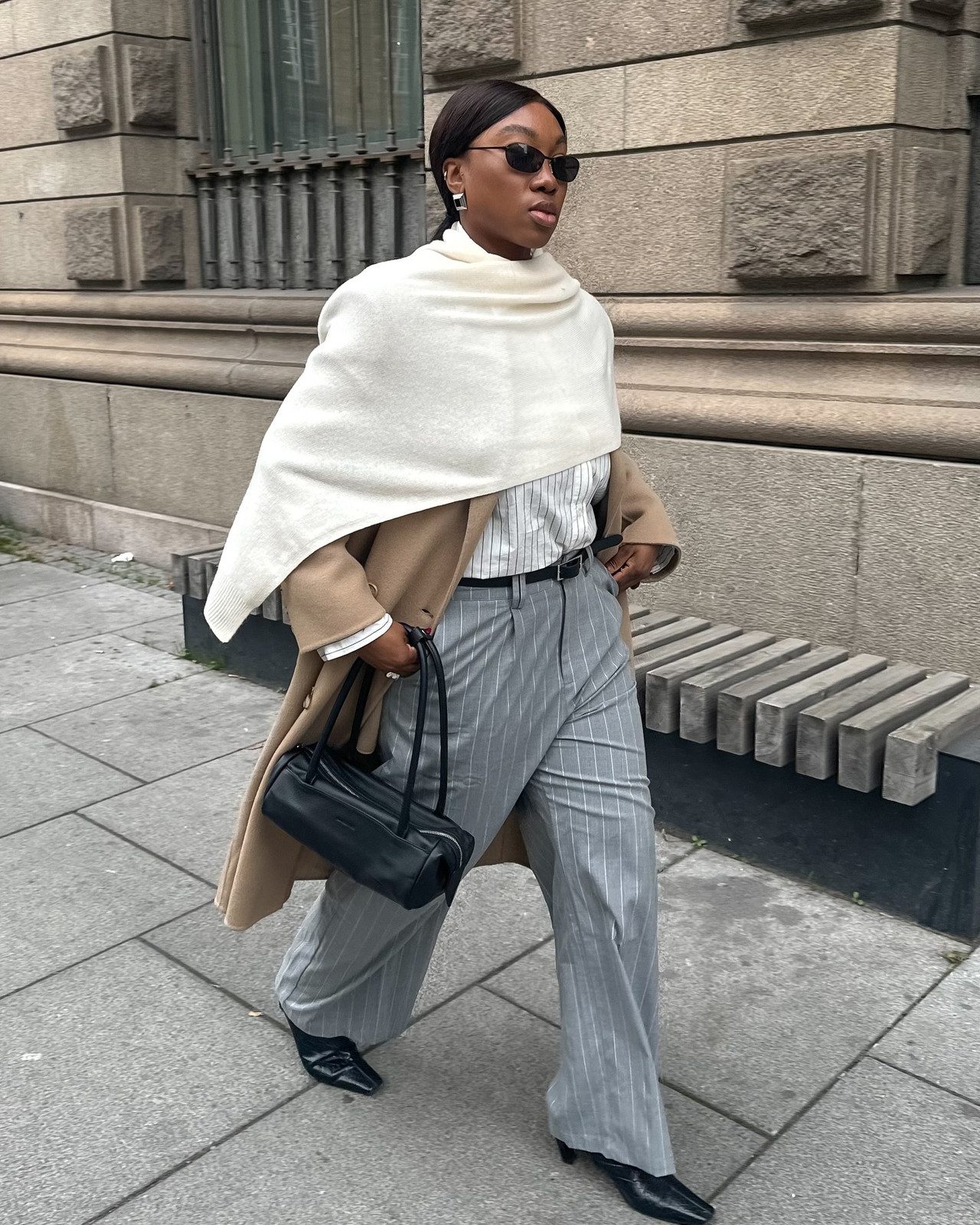 Effortless Chic: Wide-Leg Pinstripe Pants with a Cozy Coat Effortless Chic: Wide-Leg Pinstripe Pants with a Cozy Coat — Pinstripe Pants Outfits 2027