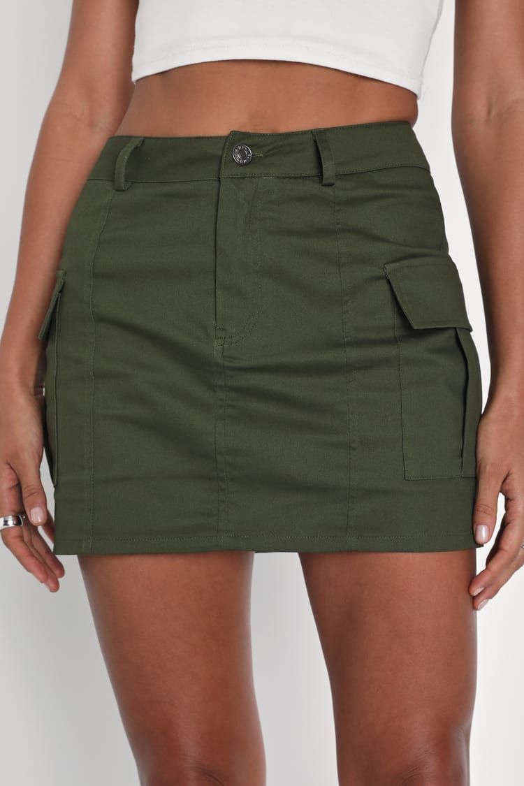 Women's High Waisted Mini Skirt – Military Green A-Line With Front Pockets, Casual Explorer Style, Above Knee High Waisted A-line Mini Skirt