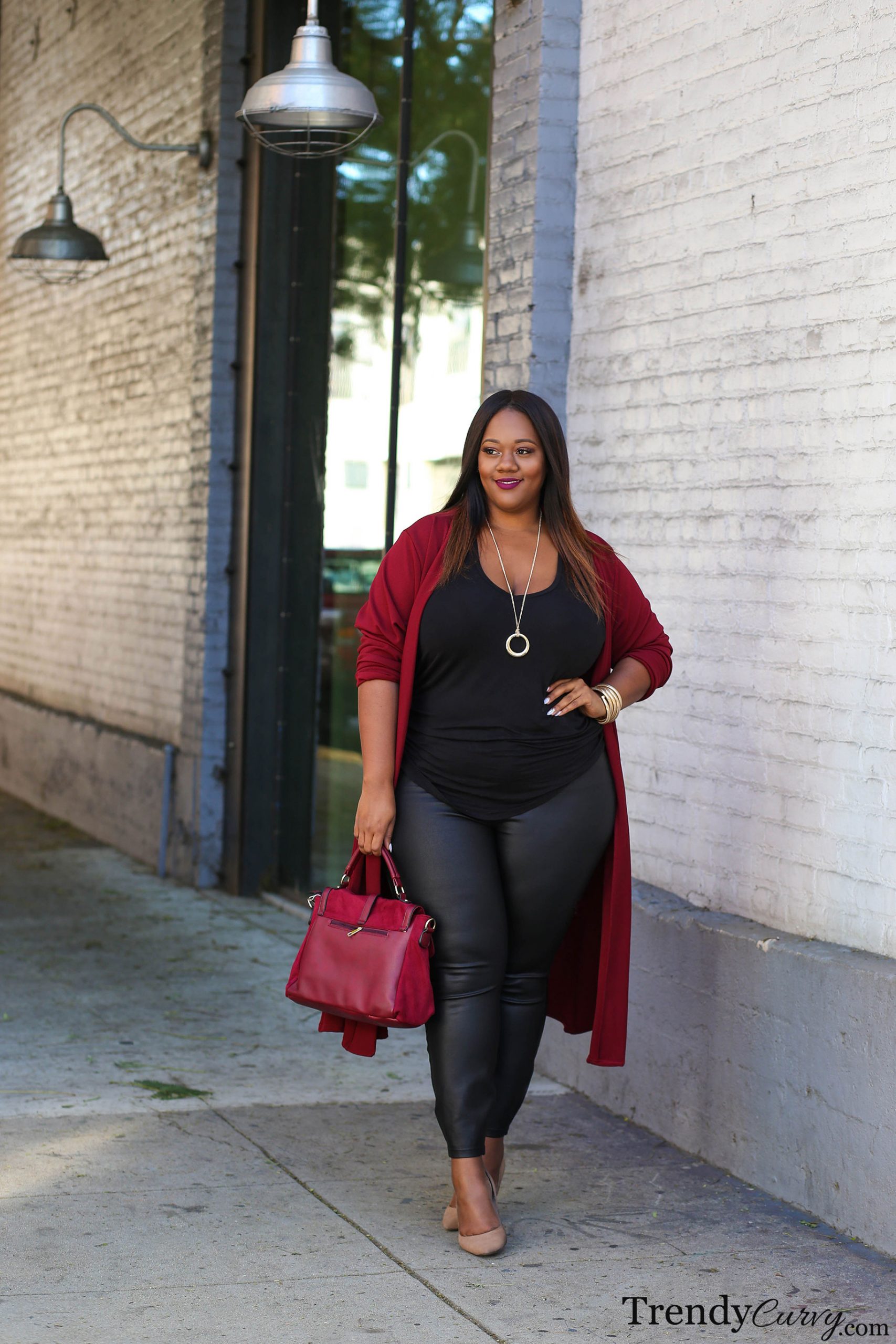 Cranberry Cardigan with Black Leggings and Heels — Plus Size Thanksgiving Outfits 2026
