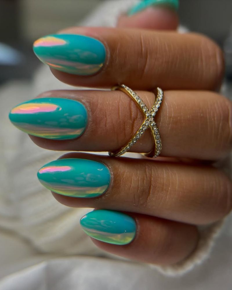 Iridescent Turquoise Chrome Nails — Turquoise Nails 2027