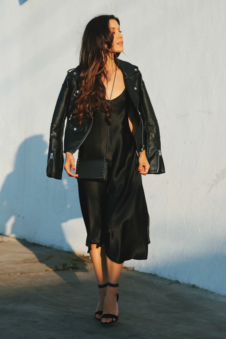 Monochromatic Sophistication: Leather Jacket with Satin Slip Dress Monochromatic Sophistication: Leather Jacket with Satin Slip Dress — Dress 2027 with Leather Jacket Outfit