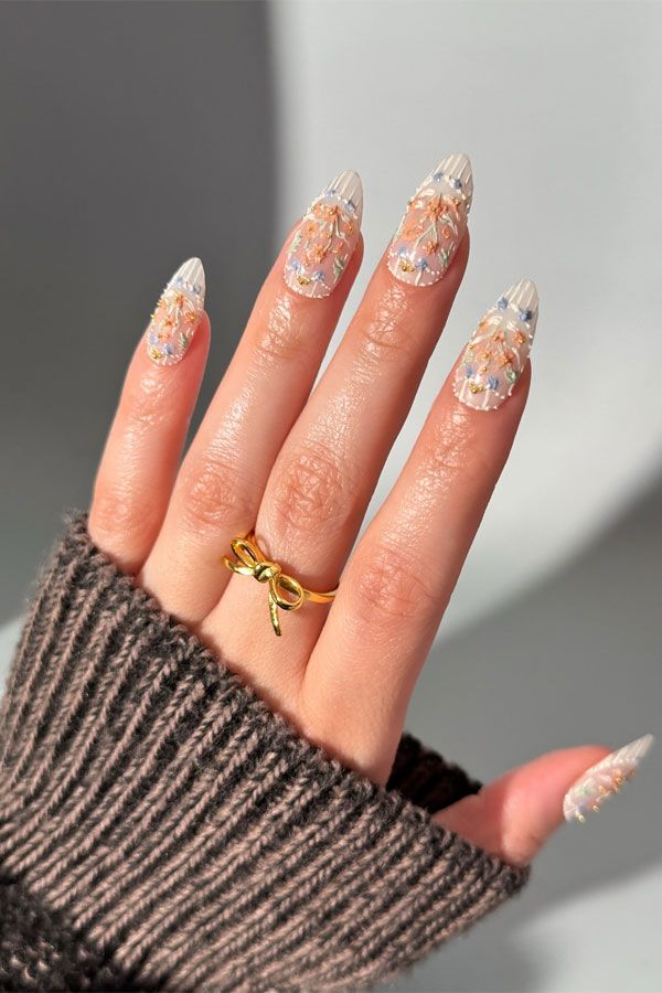 Glossy With Textured Elements Visual Idea Glossy With Textured Elements Visual Idea — Long Floral Nails 2027