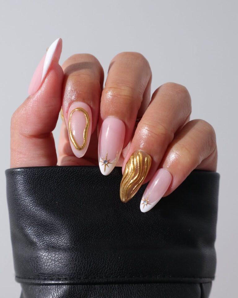Long Almond Pink French With Gold Foil Long Almond Pink French With Gold Foil — Simple Graduation Nails 2027