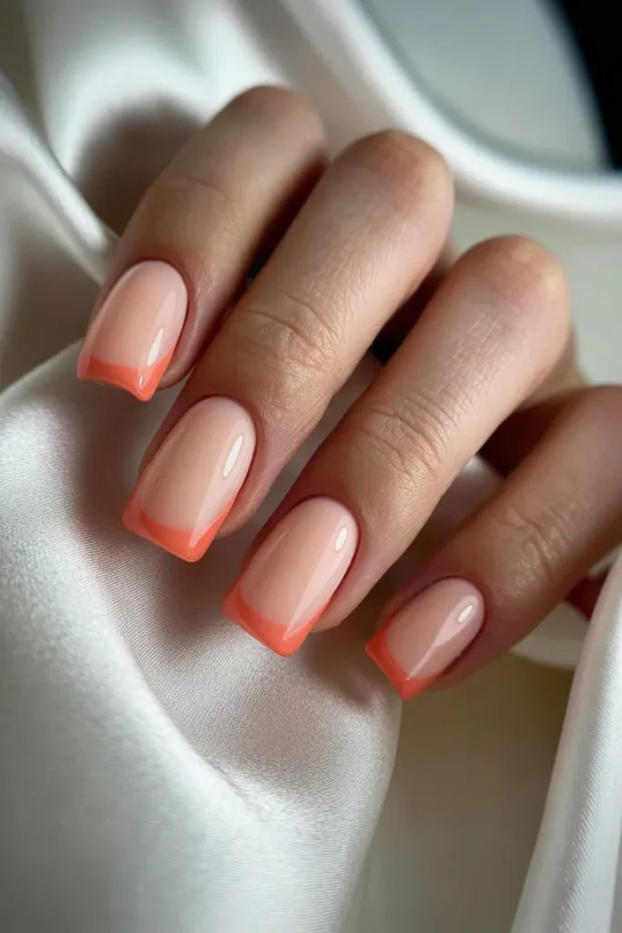 Soft Peach Coral French Tips Short Square — Coral French Tip Nails 2027