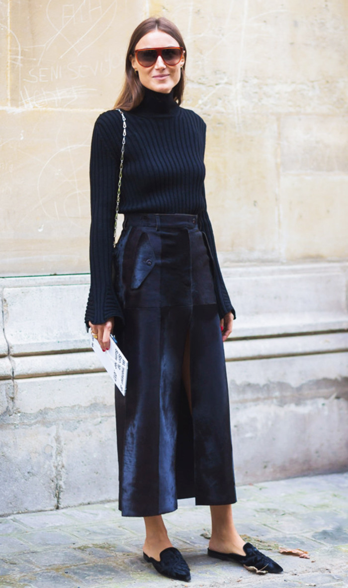 Monochromatic Black Satin Skirt and Ribbed Turtleneck Monochromatic Black Satin Skirt and Ribbed Turtleneck — Winter Office Outfits 2027
