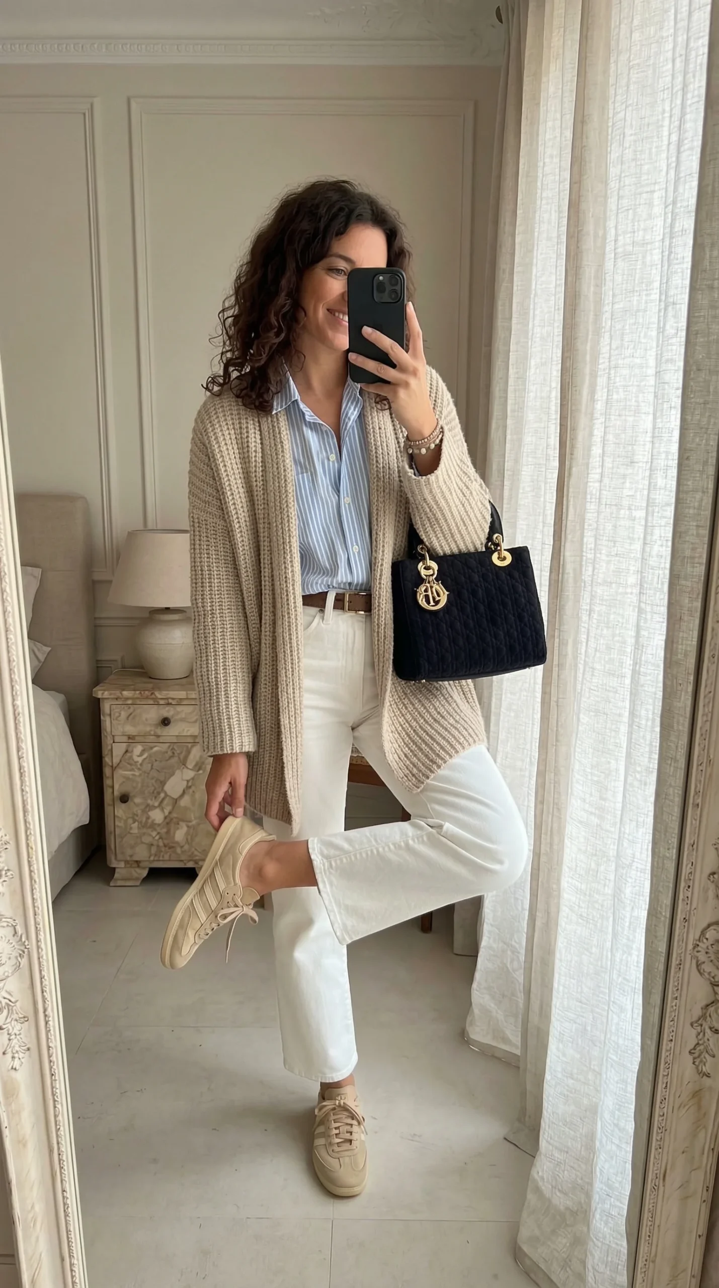 Chunky Knit Cardigan and Striped Shirt with Beige Adidas Samba Chunky Knit Cardigan and Striped Shirt with Beige Adidas Samba — Adidas Samba Spring Outfits 2027