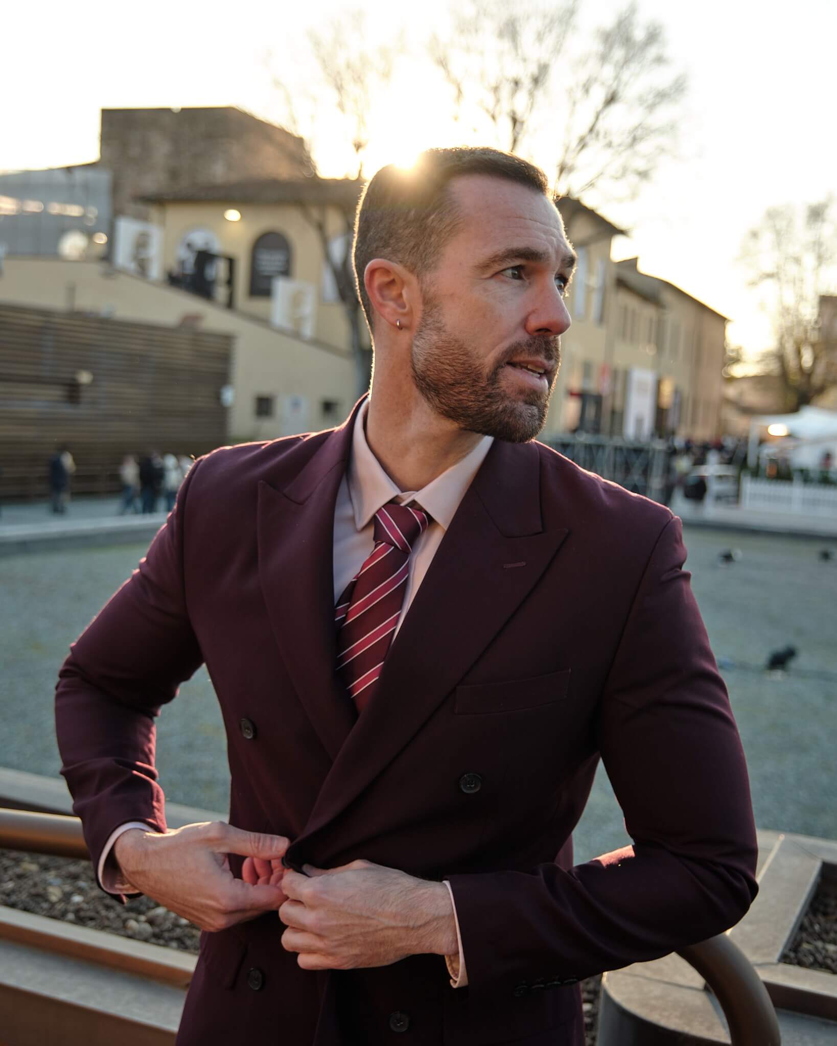 Formal Burgundy Double-Breasted Suit Jacket with Pink Shirt — Burgundy Outfits 2027