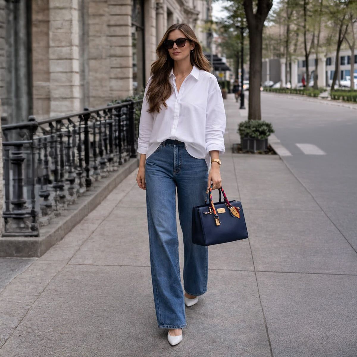 White Collared Shirt and High-Waisted Wide-Leg Denim — Modern Heirloom Outfits 2027
