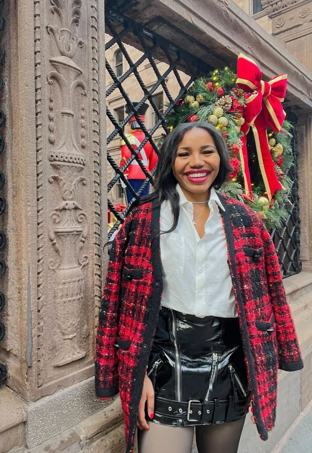 Statement Plaid Jacket with Mini Skirt — Plaid Christmas Outfits 2026
