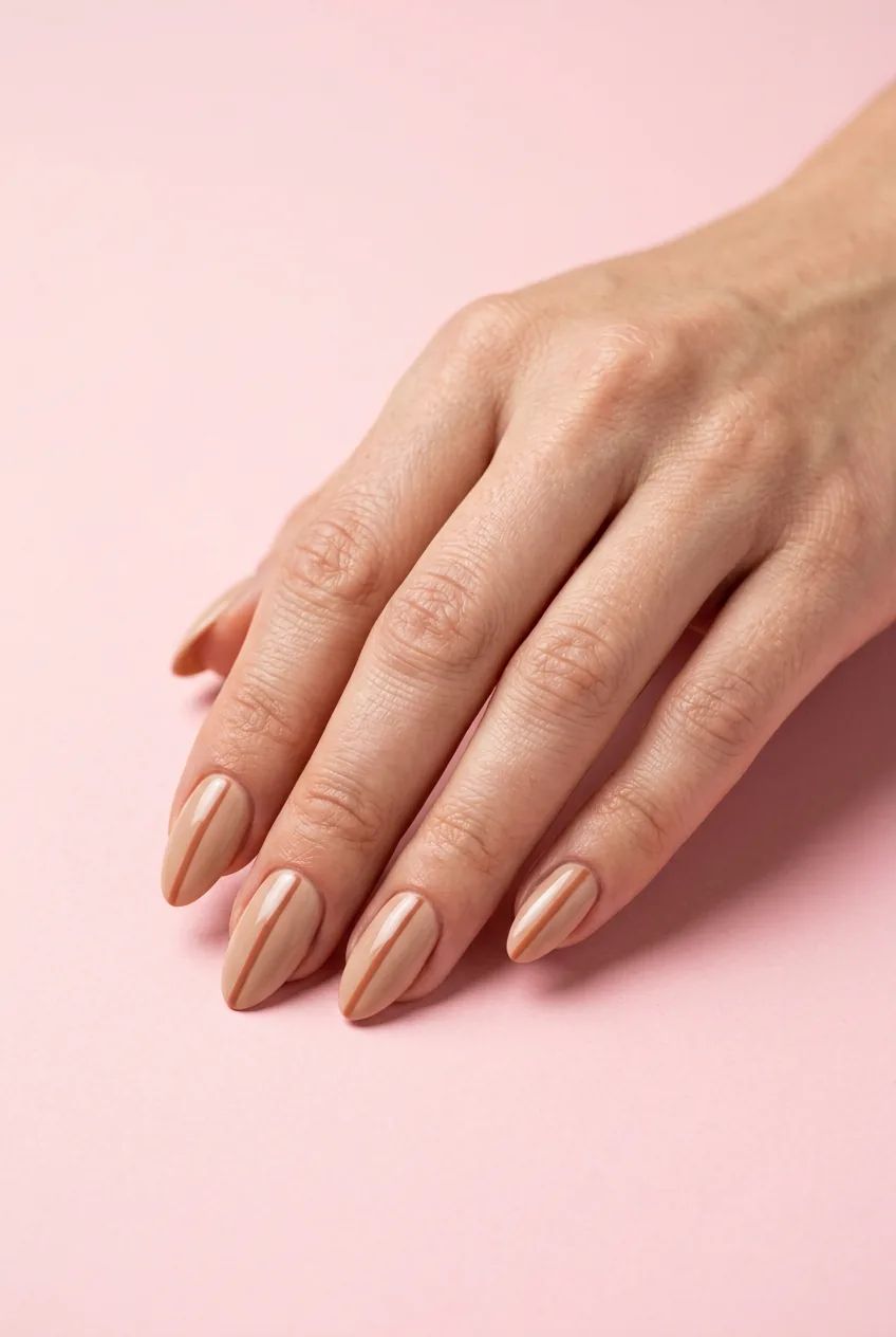 Medium Almond Nude with Vertical Brown Lines Medium Almond Nude with Vertical Brown Lines — Thin Line Nails 2027