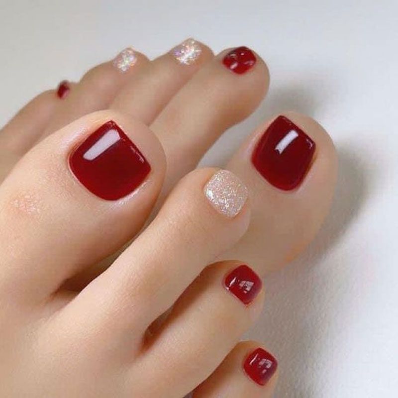 Deep Red with Champagne Glitter Accent Pedicure — Toe Nails 2027 for Women Over 60