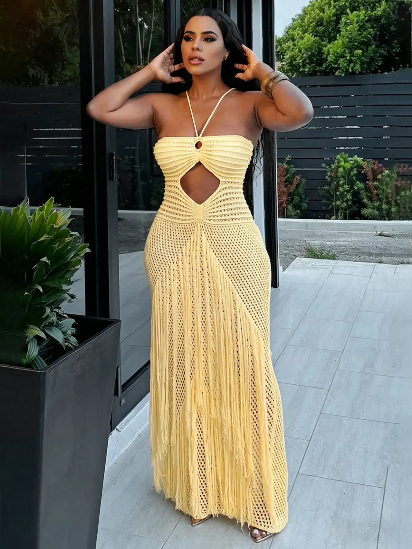 Yellow Crochet Maxi Dress with Fringe and Cut-Outs Yellow Crochet Maxi Dress with Fringe and Cut-Outs — Boho Crochet Outfits 2027