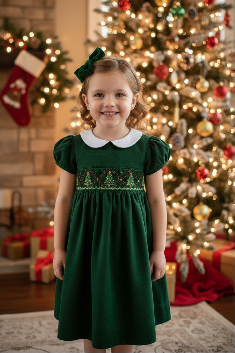 Christmas Tree Embroidered Velvet Dress Christmas Tree Embroidered Velvet Dress — Toddler Girl Outfits 2027