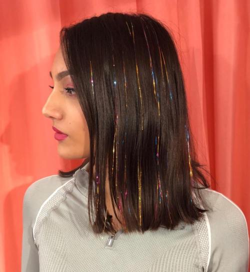 Fine Straight Dark Brown Bob With Colorful Tinsel — Hair Tinsel 2027