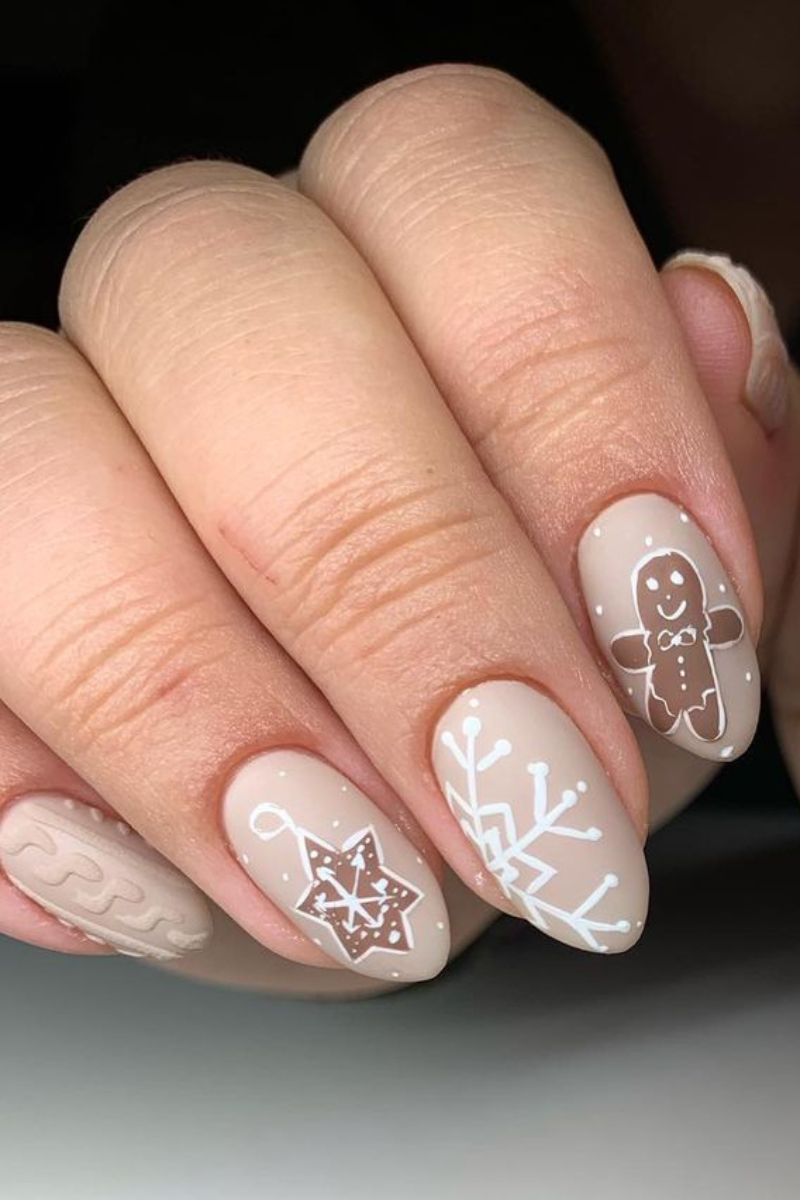 Nude with Gingerbread Man Nail Art — Short Christmas Nails 2026