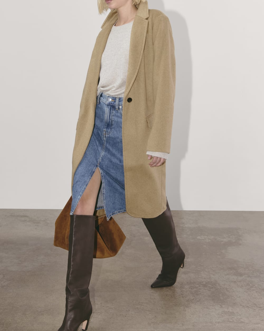 Textural Mix: Camel Coat with Denim Skirt and Suede Boots — Camel Coat Outfits 2027