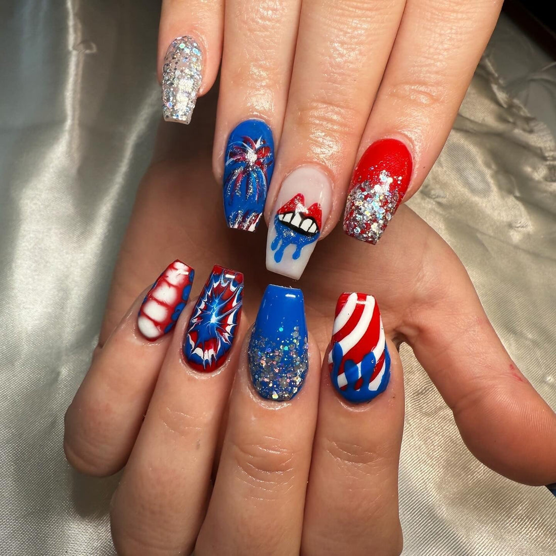 Long Coffin Firework Lips Stripes Long Coffin Firework Lips Stripes — Memorial Day Nails 2027