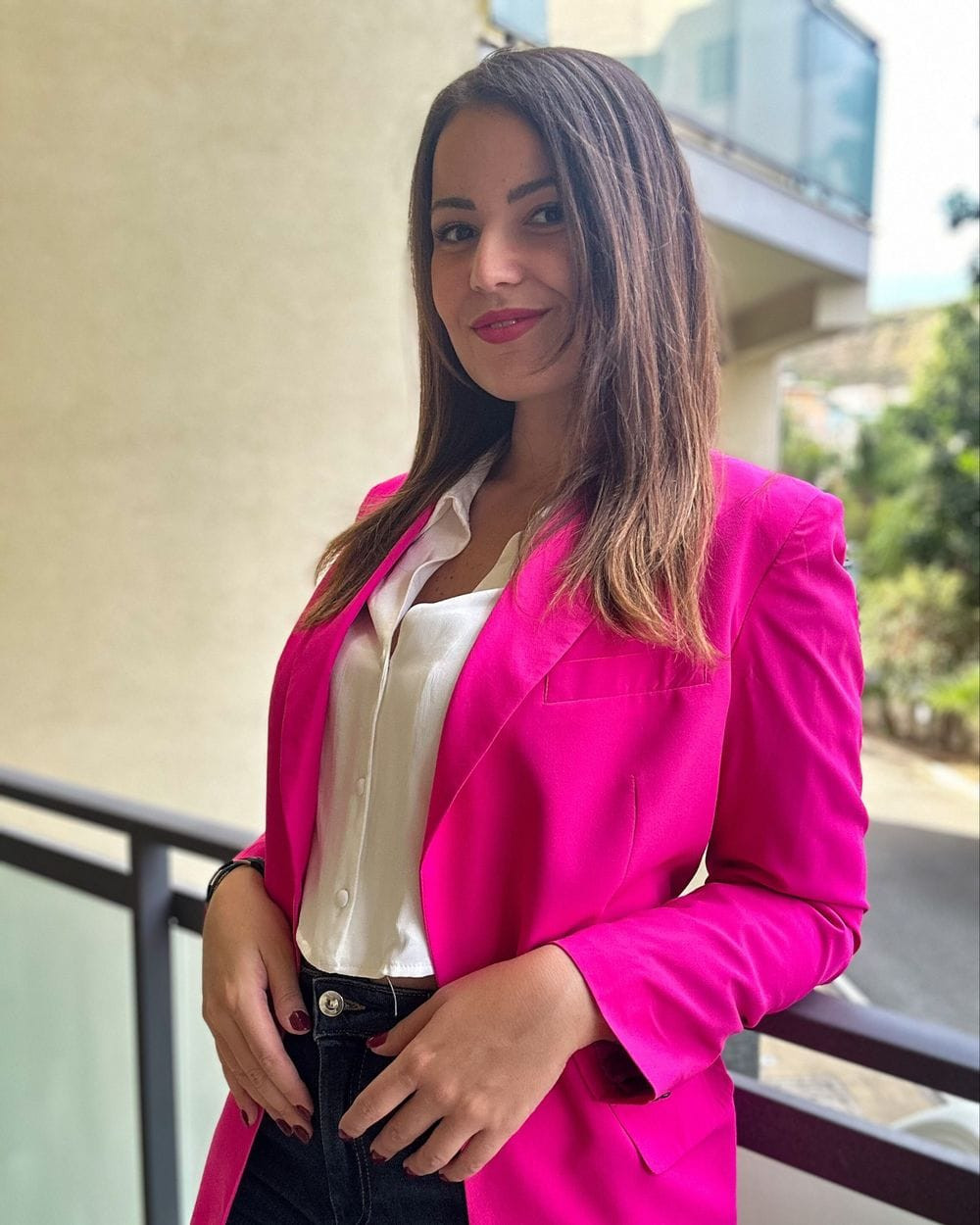 Fuchsia Blazer with White Satin Blouse and Black Slim Jeans Fuchsia Blazer with White Satin Blouse and Black Slim Jeans — Blouse Outfits 2027 with Blazer