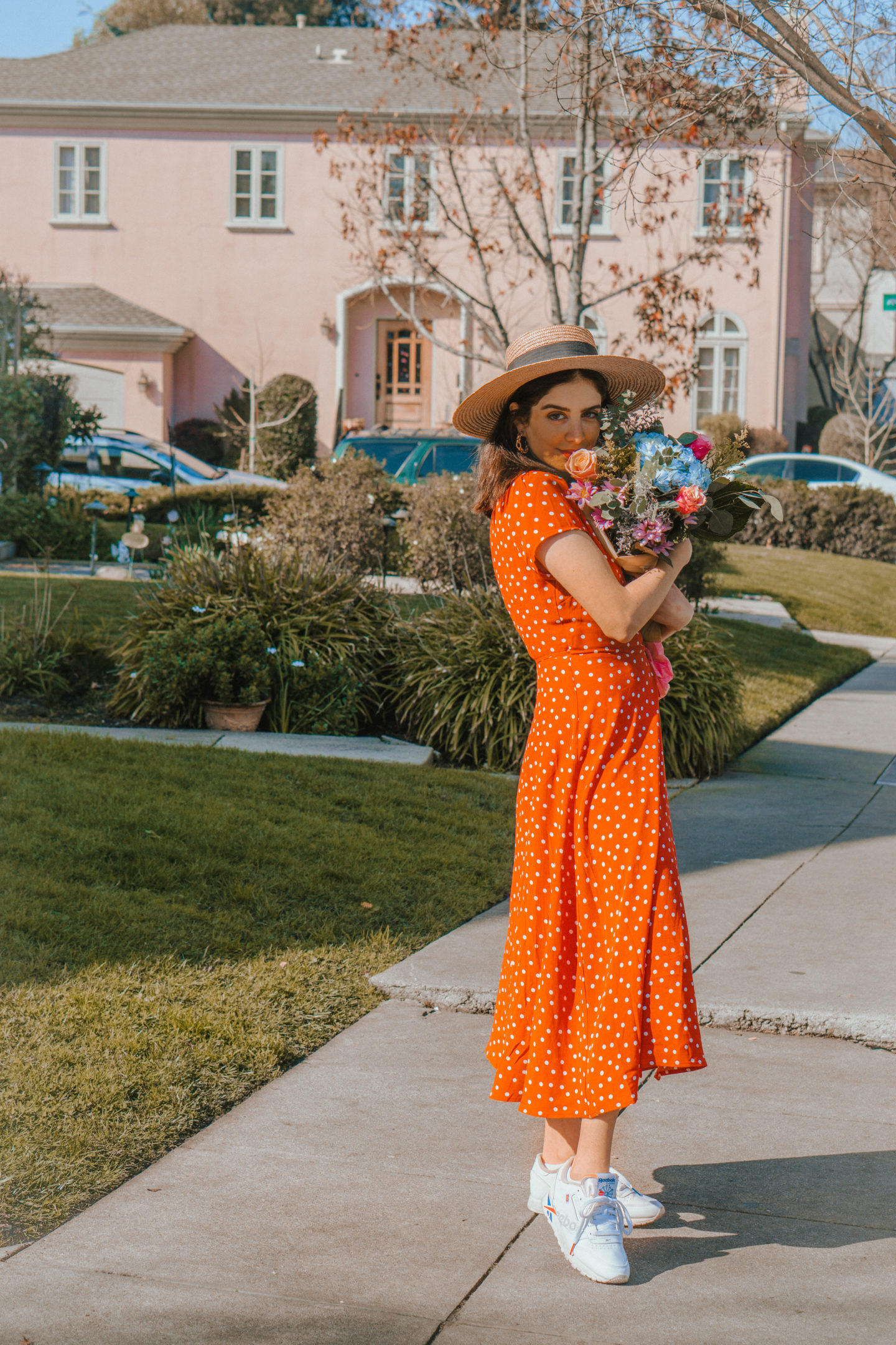 Orange Polka Dot Midi Dress with Sneakers for a Fun Brunch Orange Polka Dot Midi Dress with Sneakers for a Fun Brunch — Brunch Outfits 2027