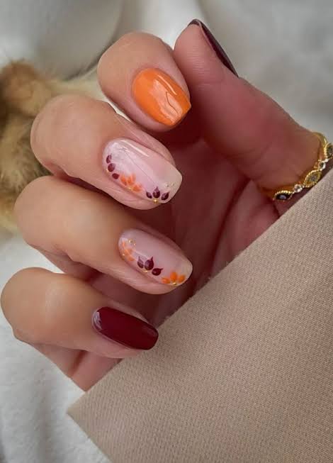 Orange Burgundy Leaf Motif Nails Orange Burgundy Leaf Motif Nails — Short Fall Nails 2026
