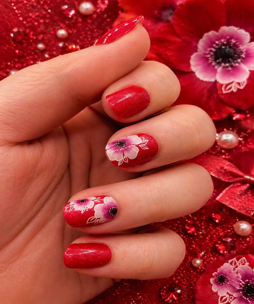Shimmering Red With Stylized Floral Accents Shimmering Red With Stylized Floral Accents — Flower Nails 2027
