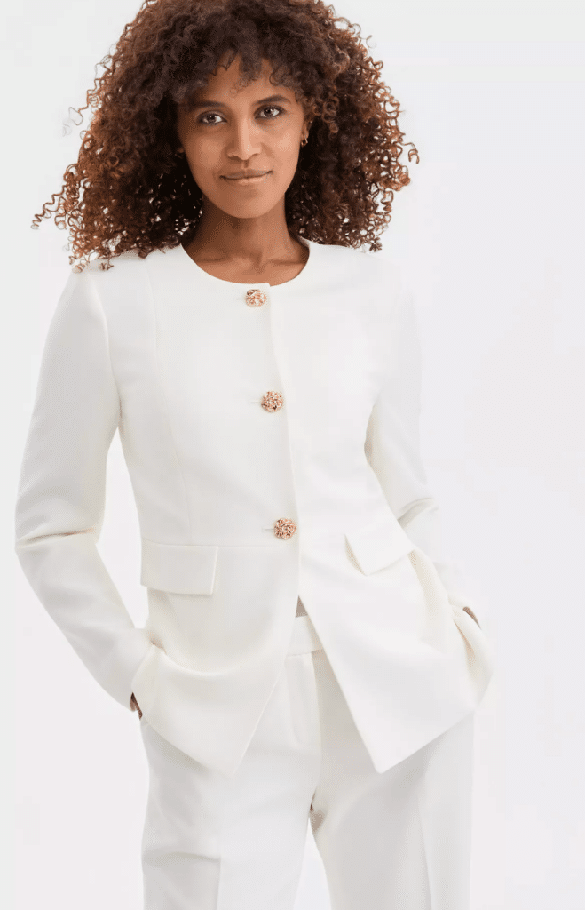 Ivory Textured Blazer with Embellished Buttons and Straight Trousers — Office Outfits for Women 2027