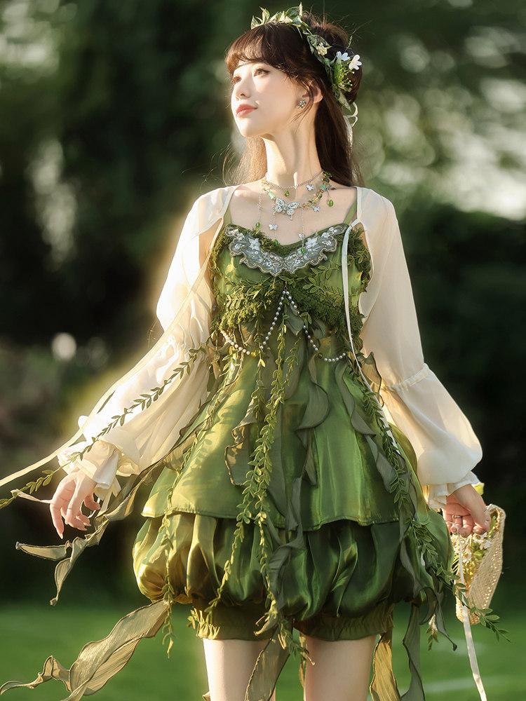 Nature-Inspired Green Dress with Leaf Embellishments and Sheer Overlay — Fairycore Outfits 2027