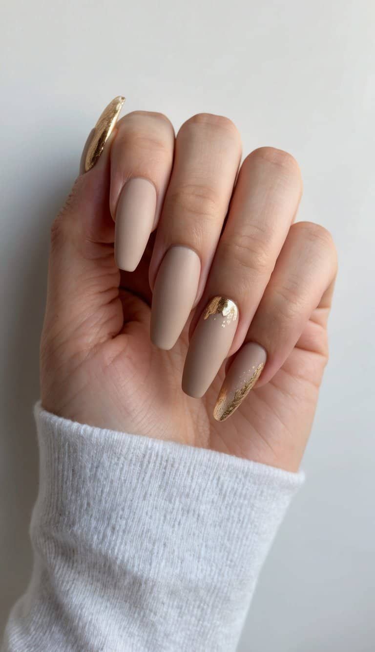 Matte Beige Gold Foil Long Coffin Nails Matte Beige Gold Foil Long Coffin Nails — Long Wedding Nails 2027