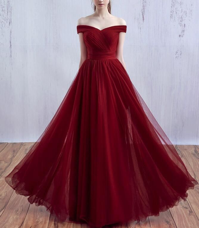 Wine Red Off-Shoulder Tulle A-Line Dress Wine Red Off-Shoulder Tulle A-Line Dress — Junior Prom Outfits 2027