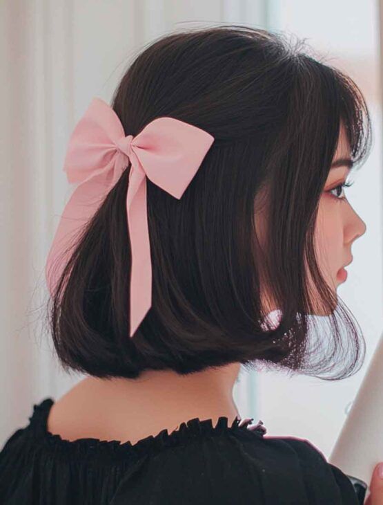 Blunt Bob With Blunt Bangs And Pink Bow Blunt Bob With Blunt Bangs And Pink Bow — Coquette Hairstyles 2027