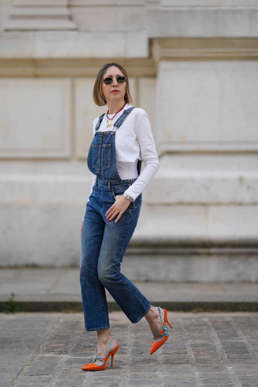 Classic Blue Denim Overalls with a White Top and Colorful Heels Classic Blue Denim Overalls with a White Top and Colorful Heels — Overalls 2027